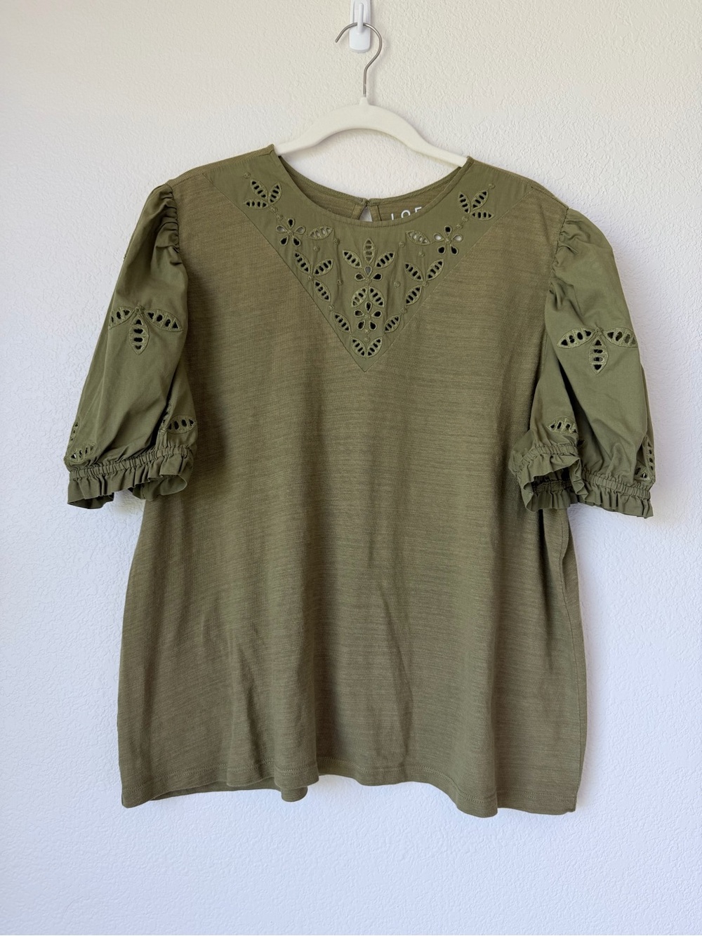 LOFT Olive Green Eyelet Puff Sleeve Cotton Blouse XL Cottagecore